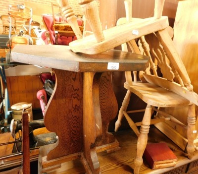 An oak octagonal side table, and two pine chairs. (3)