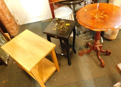 A group of furniture, comprising walnut and marquetry inlaid wine table, a two tier oak side table and a black lacquered plant stand. (3)