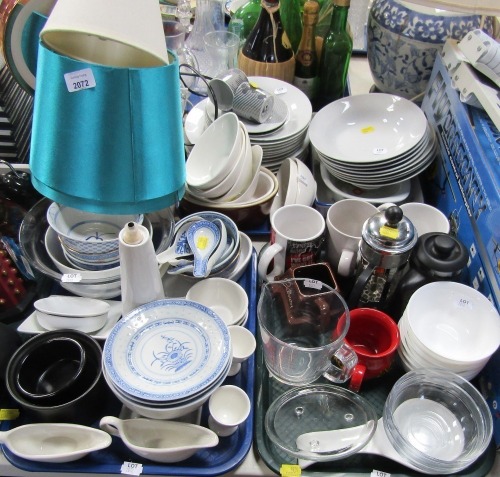 Various household china and effects, shades, wall clock, oriental china, rice bowls, coffee percolator, etc. (a quantity)