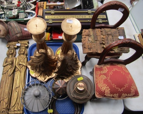 Model ships, bear ornament, gilt wood mould plaques, pricket candlesticks, miniature bird cage, snooker scoreboard, pair of miniature balloon back chairs, etc. (a quantity)