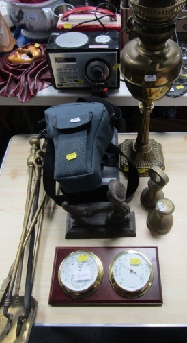 Brassware, oil lamp, barometer and thermometer, camera bag, weights, etc. (a quantity)