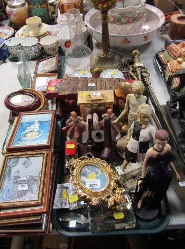 Portrait miniatures, lady figures, paperweights, xylophone, pictures, etc. (1 tray and 1 pile)