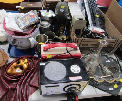 Various books, metalware, brass chamber candlesticks, chamber pot, mask, radios, glass part drinks set, keyboards, electrical items, etc. (a quantity)