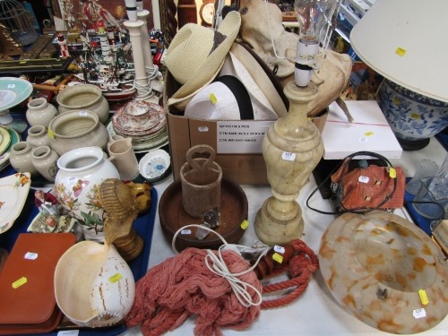 Various hats, stoneware jars to include Bone-Marrow, Virral and others, continental porcelain figure group, large shell, table lamp, hats, shade, cottage ornament, etc. (a quantity)WARNING! This lot contains untested or unsafe electrical items.  It is sup