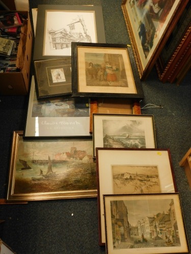 Prints, pictures, frames, Hogarth frame, overglazed print, landscape, boat drying sails before castle, oil on canvas, various other prints, pictures, book plates, etc. (a quantity)