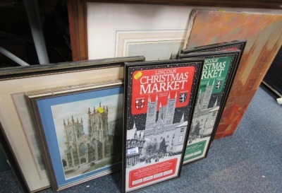 Lincoln Christmas Market framed poster, other Lincoln related posters, pictures, 1989 Christmas Market poster, oil on canvas by Colin Mason, Lincoln Cathedral, large etched print Lincoln Cathedral, etc. (a quantity)