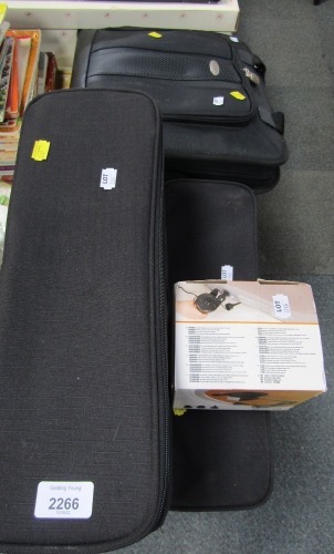 Cased CDs, laptop bag, air bed and pump. (a quantity)