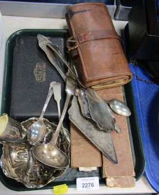 Scientific instruments and plated wares, to include a cased set of measures, a Jay Wess Series scientific set, wristwatch, plated wares, rulers, etc. (1 tray)