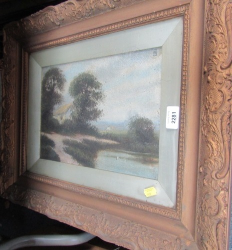 A group of Victorian and later pictures and prints, comprising a landscape oil on canvas in gilt frame. (1 stack)