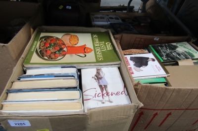Hardback and paperback books, suitcase of books, cookery, fiction, non fiction, web cab reels, calculators, etc. (4 boxes)