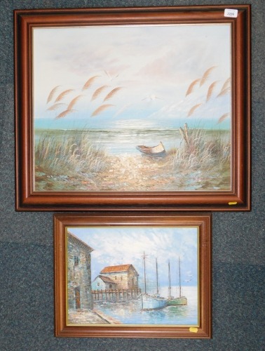 W Jerth (20thC School). Ships at harbour and seascape, oil on canvas, framed. (2)