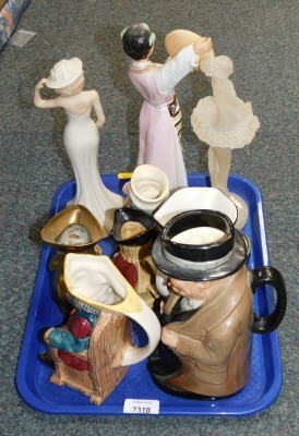 Character jugs, Royal Doulton Winston Churchill, unbranded character jugs, lady ornaments, etc. (1 tray)