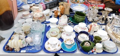 Ceramics and effects, cups and saucers, crested china, blue and white rose bowl, Wedgwood, ceramic animals, two folding fans, etc. (5 trays)