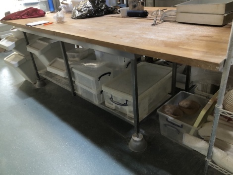 Two workbenches with beech block tops, and two others in stainless steel, each 92cm high, 300cm x 73cm. (4) NB. VAT is payable on this lot at 20%. To be sold upon instructions from Vine's Bakery Ltd (in proposed liquidation)Viewing and Collection is by ap