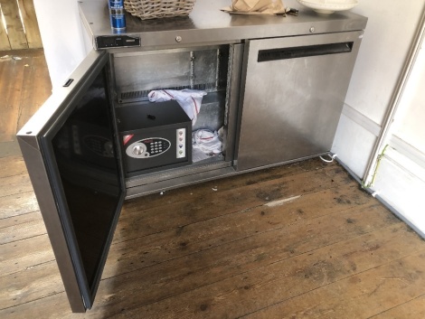 SOLD. A stainless steel two door unit, incorporating a safe. NB. VAT is payable on this lot at 20%. To be sold upon instructions from Vine's Bakery Ltd (in proposed liquidation)Collection is by appointment from their shop premises at 61, Steep Hill, Linco