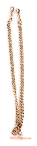 A 9ct gold double Albert watch chain, centred by a T-bar, 38cm long, 48.8g.