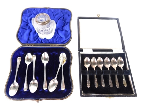 A set of six Edwardian silver rat tail teaspoons, old English pattern, Sheffield 1907, 9cm long, cased set of silver teaspoons, 3oz, and a cut glass figure of an owl with silver top. (a quantity)