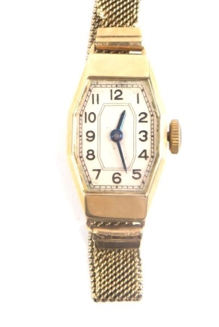 A 9ct gold Art Deco wristwatch, with Arabic numerals, 2cm dial, hand wind movement and meshwork strap marked 9c, 14g all in.