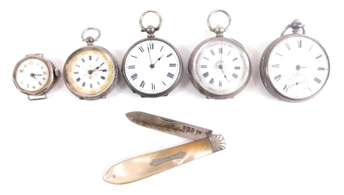 Various silver and other fob watches, one with a 3cm diameter Roman numeric dial, various others, silver bladed fruit knife, etc. (a quantity)