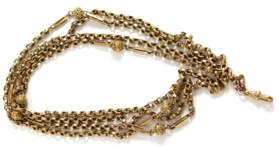 A longuard chain, with plain links broken by orbs, the clasp marked 9ct, 126cm long 26.5 g.