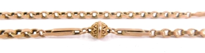 A longuard chain, with plain links broken by orbs, the clasp marked 9ct, 126cm long 26.5 g. - 2