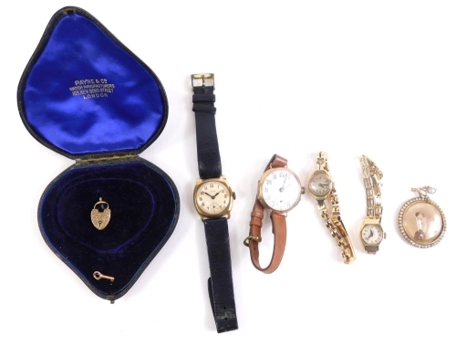 An Edwardian part pendant, with pearl surround, a 9ct gold cased wristwatch with Arabic dial, two unmarked cocktail watches and a heart shaped clasp with associated key. (a quantity)