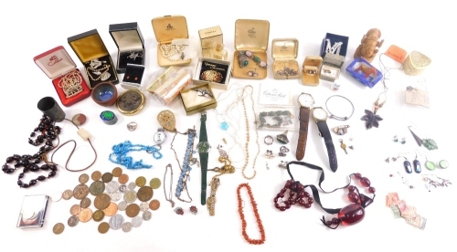 Various costume jewellery and related items, wristwatches, faux cherry coloured amber style necklace, Chanel perfume bottle and box (vacant) 7cm high, coins, boxes, necklaces, other jewellery and effects. (a large quantity)