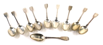 A harlequin set of ten George III and later silver table spoons, fiddle pattern, initialled, London 1798 etc, 22cm long, 23oz. (10)