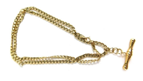 A yellow metal necklace, marked 9kt, with plated T-bar addition, 44cm long, 4.4g all in.