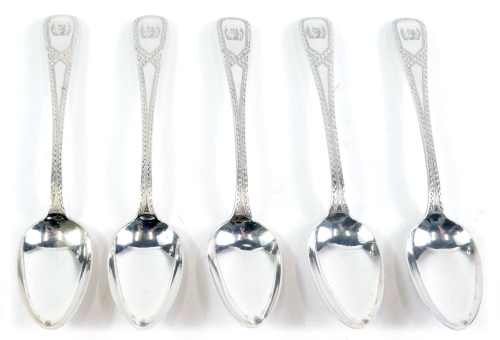 A set of five Victorian Scottish silver teaspoons, by William Marshall, chased old English pattern with monograms, Edinburgh 1871, 13cm long. 3.1oz.