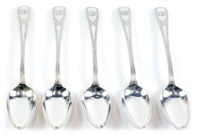 A set of five Victorian Scottish silver teaspoons, by William Marshall, chased old English pattern with monograms, Edinburgh 1871, 13cm long. 3.1oz.