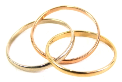 A 9ct gold tri-coloured three band ring, each entwined, size M, 2.8g.