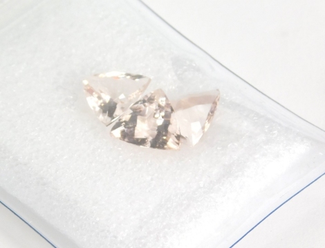 Three loose pink topaz, triangle cut, 9.6cm x 6mm deep.