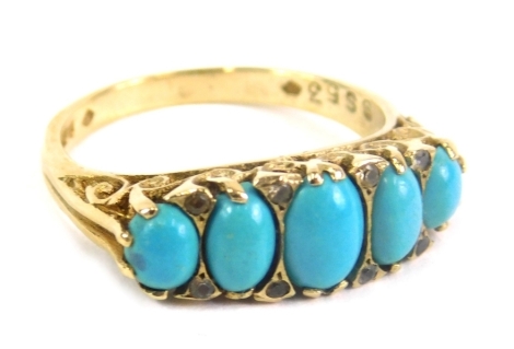 A 9ct gold dress ring, set with five graduated turquoise, size P, 3.7g all in.