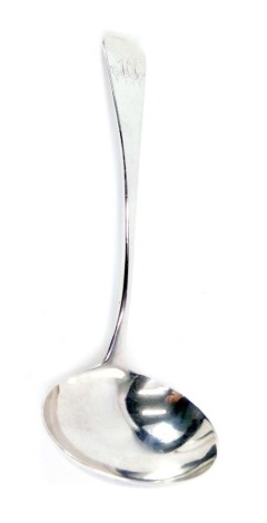 A George III silver ladle, by Thomas Dicks, old English pattern monogrammed, London 1803, 16cm long, 1.2oz.