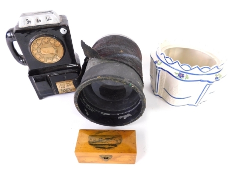 Various china and effects, a 19thC Castleford pottery sugar bowl, 10cm high, a Mauchline ware box, telephone money box, and a large lens. (a quantity)