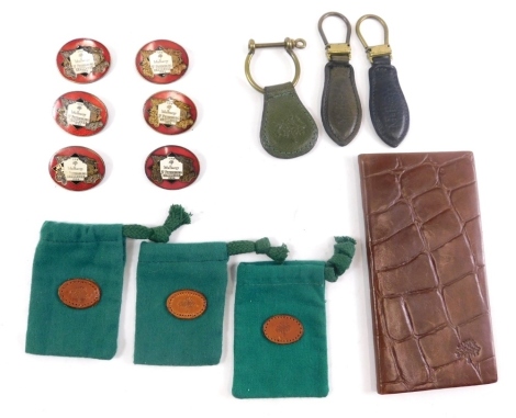 A leather crocodile skin finish telephone book, textured case, various Mulberry badges, 3cm high and a keyring (a quantity)