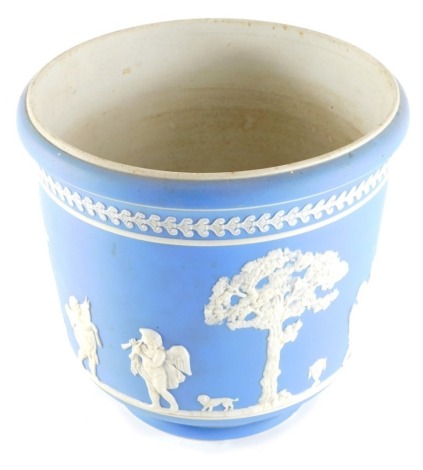 A Wedgwood light blue Jasperware jardiniere, decorated with classical figures, with an upper repeat heart border, impressed marks beneath, 19cm high.