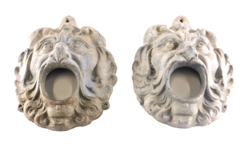 A pair of French cast lead mounted fountain heads, each formed as bearded gentleman with mouths open, 23cm high.