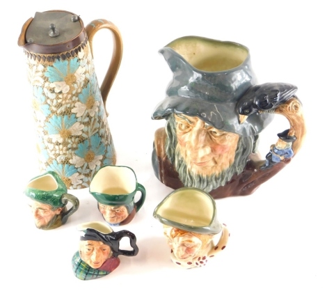 Various Royal Doulton character jugs, large Rip Van Winkle, 20cm high, small Jarge, and a Royal Doulton Slaters Patent jug, with pewter lid. etc. (a quantity)