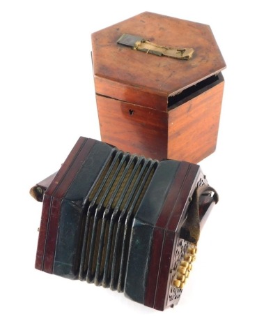 A late 19thC rosewood squeeze box concertina, of octagonal form with bone stoppers and partially pierced floral ends, with green leather centre in outer case, unmarked, 16cm high. 