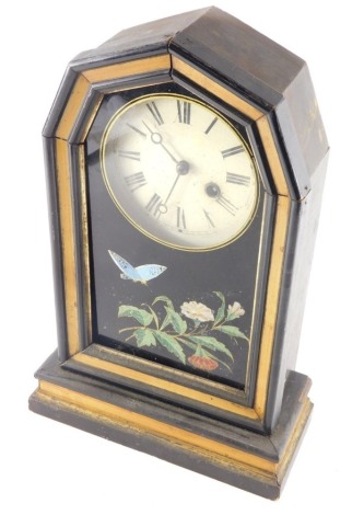 A 19thC mantel clock, with glazed front, ebonised hexagonal case, 11cm diameter dial with Roman numeric stencilling and keywind movement, 34cm high.