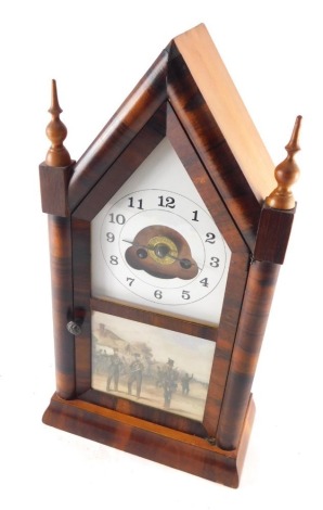 A 19thC Jerome and Co American architectural mantel clock, with triangular top and shaped finials, with 14cm wide back plate with stencilled Arabic dial, in a fitted case with eight day movement striking on a bell with pendulum and key, 37cm high.