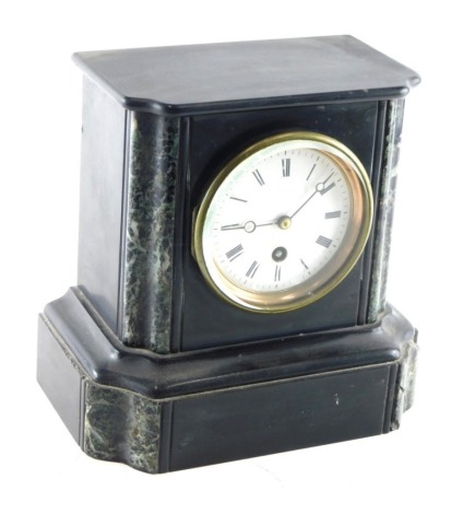 A 19thC slate and marble mantel clock, the 9cm diameter dial with Roman numerals, in shaped case with keywind movement.