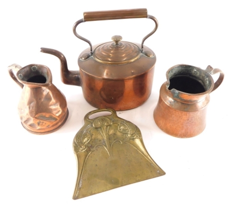 Various copper and brass, a harvest jug, 19cm high, a further jug, large kettle and a crumb scoop. (4)