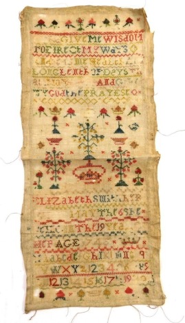 A pictorial motto alphabetic and numeric sampler, by Elizabeth Smith, decorated with trees and crown, marked aged 1745, 51cm x 25cm.