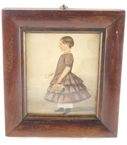 Wybrent (19thC School). Figure of a child holding basket of flowers, watercolour, in rosewood frame, 15cm x 12cm.