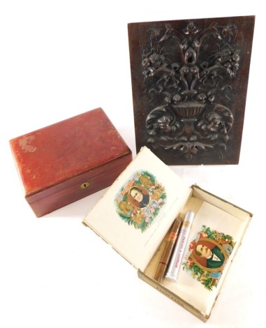 A Henry Clay Havana cigar box, containing two various cigars to include Romeo and Juliet, in tube, a plaque raised with floral vase, and a further jewellery casket. (a quantity)