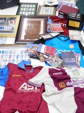 Various Aston Villa related items, shirt, Carabao Cup Final 2020 programme, various other shirts, one in plastic sleeve, cigarette and trade cards, all Aston Villa related. (a quantity)