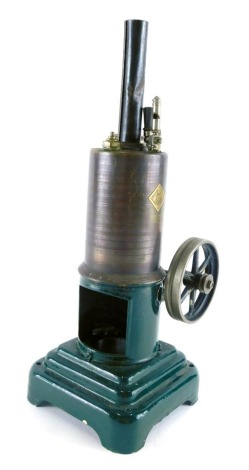 A mid 20thC Mamod style stationary engine, with fixed cylinder on stepped base, partially decorated in green, 30cm high.